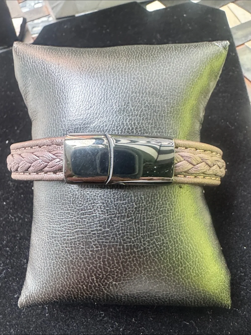 Unisex Brown Braided Leather Bracelet with Polished Gunmetal Clasp
